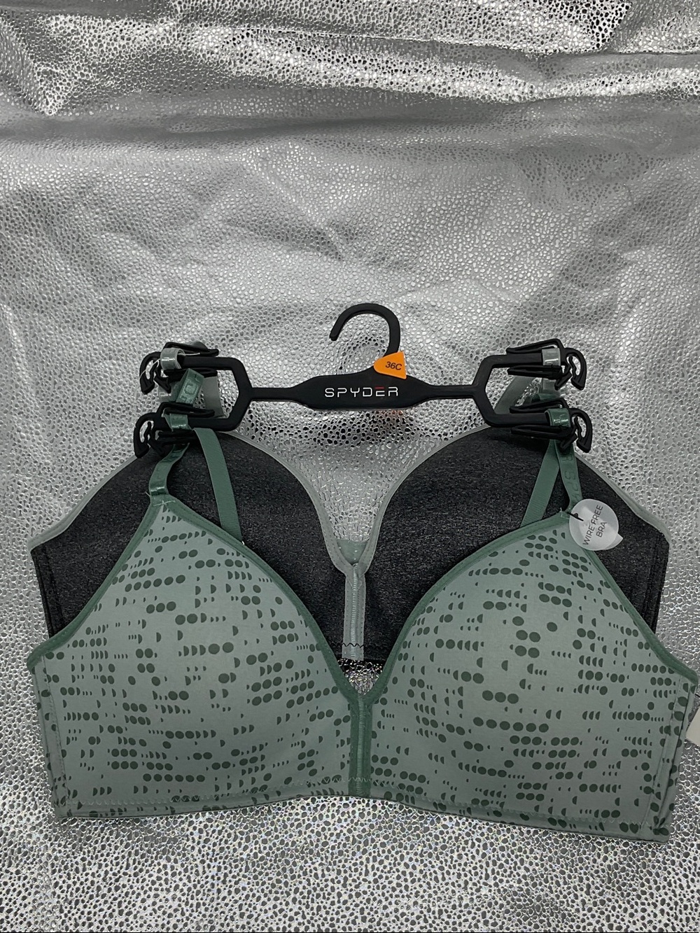 Spyder 34C, 36B, 36C Sage Green Patterned Wireless Bra - 2 pack